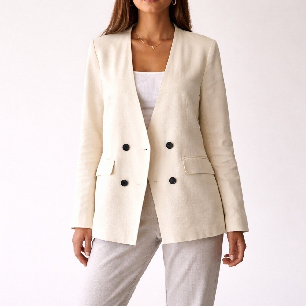 Rails Asher Sand Beige Linen Blend Double Breasted Collarless Blazer Size Small